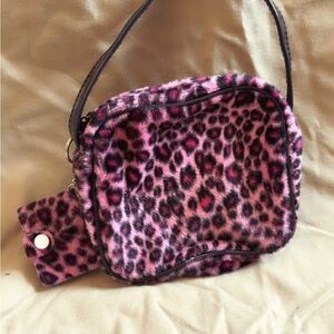 Pink Leopard Print Faux Fur Crossbody Bag